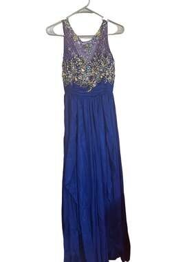 Royal Blue Sheer Beaded Bodice Chiffon Formal Prom Gown
